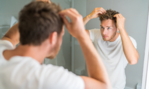 鏡で髪の毛をセットする男性